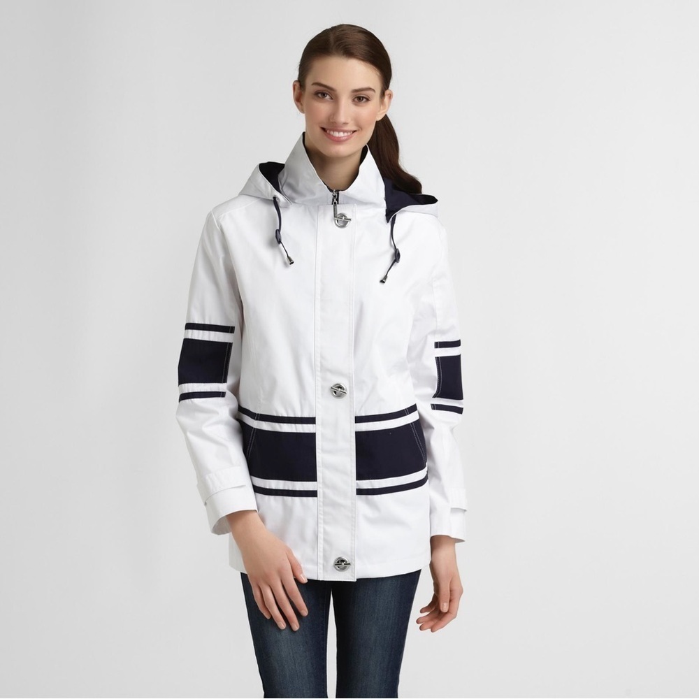 Mackintosh New England Poplin Nautical Rain Jacket Blue White Striped Medium
